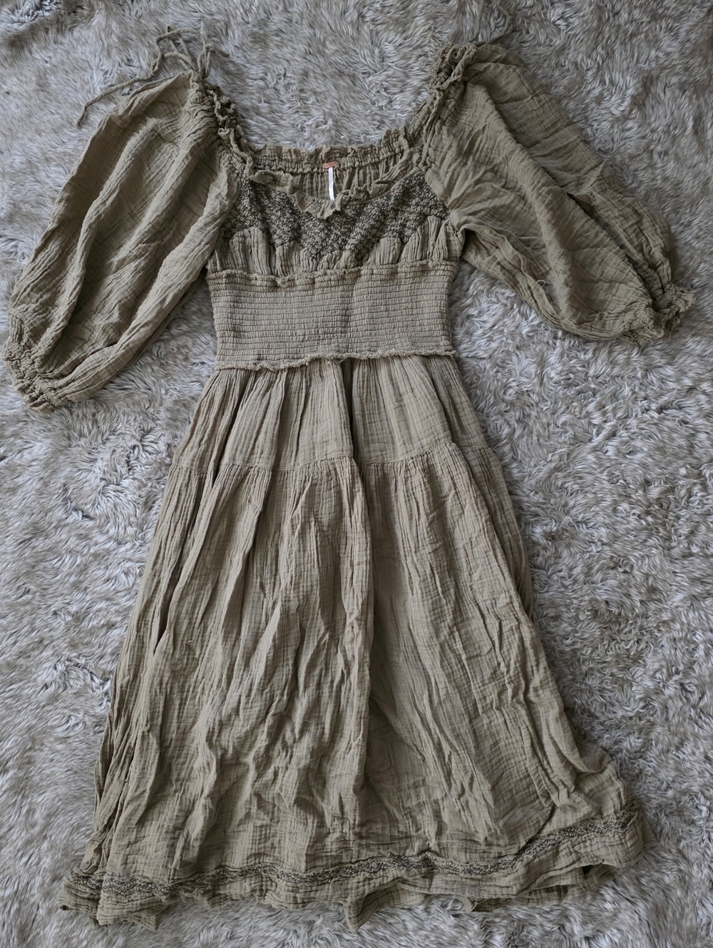 Free People Toledo Embroidered Midi Dress Greyed Olive Green Lantern Sleeve - Picture 3 of 15
